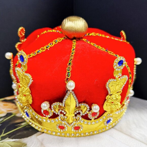 Royal Velvet Gold King's Crown, Tufted King Crown, Crystal Gold Crown, Gifts - Picture 8 of 8